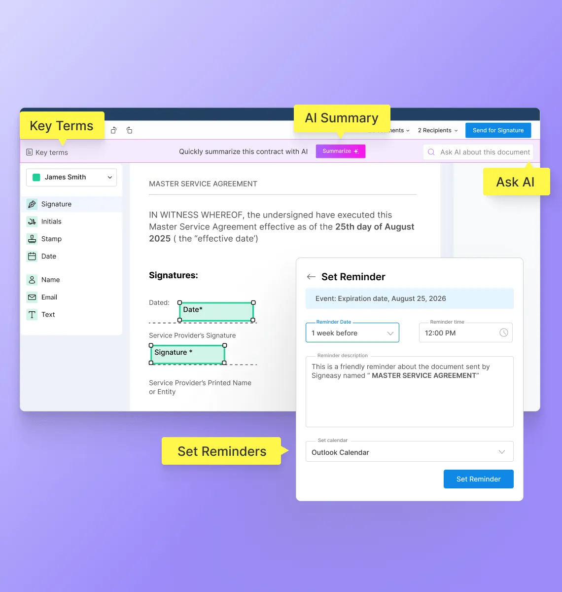 Document editing interface showing a Master Service Agreement with highlighted signature and date fields, an AI summary bar, ask AI search box, and a set reminder popup for the document's expiration date.
